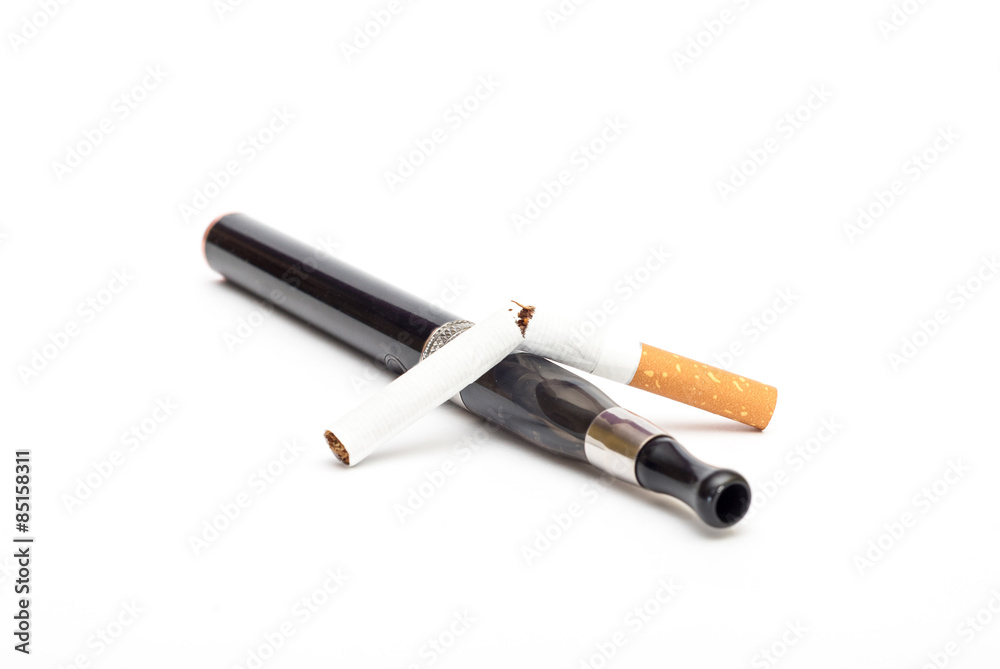 Electronic Cigarette and cigarette against white background