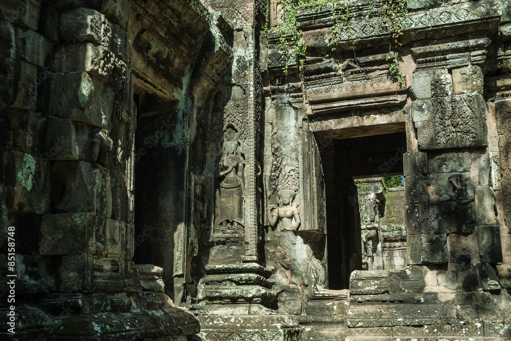 bas-reliefs of devatas of the prasat of the temple thommanon in siam reap, cambodia