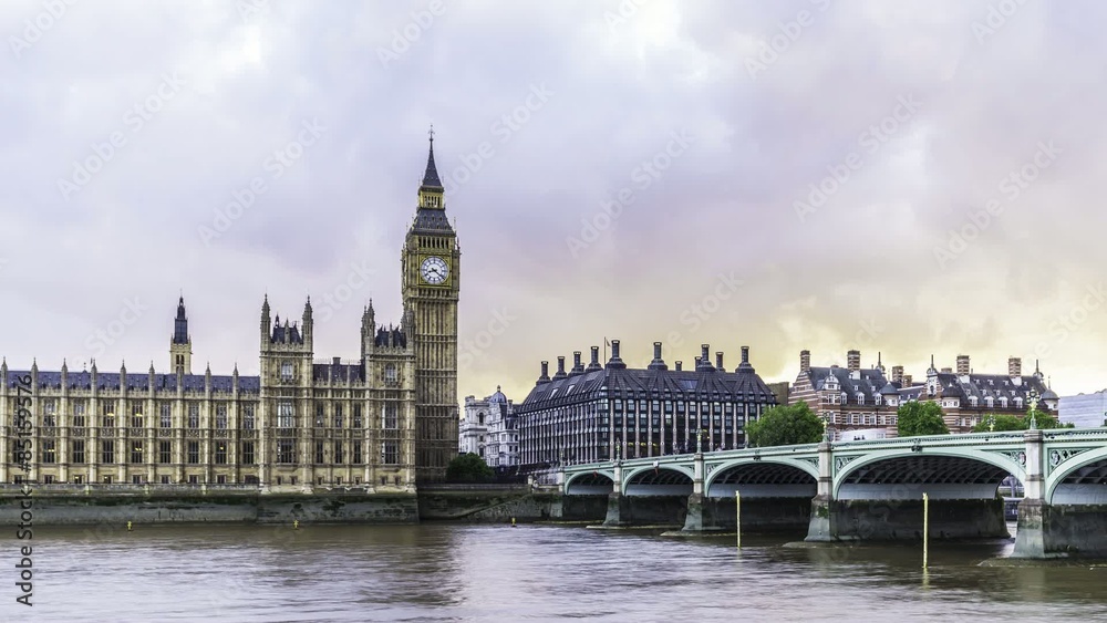 Time lapse view of the House of Parliament and the Big Ben in London with street traffic on Westminster bridge and boats on the river Thames Time lapse view of the House of Parliament and the Big Ben in London with street traffic on Westminster bridge and boats on the river Thames