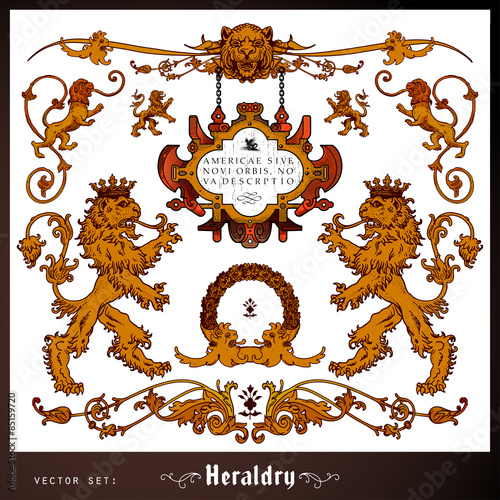 Heraldic lions and decoration elements set
