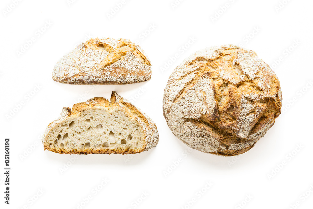 White rustic bread three sided view on white White rustic bread three sided view on white