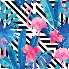 Fototapete Flamingomuster Flamingos und Orchideen geometrisches Muster  © berry2046