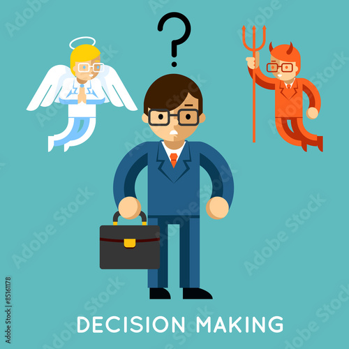 Decision making. Businessman with angel and demon