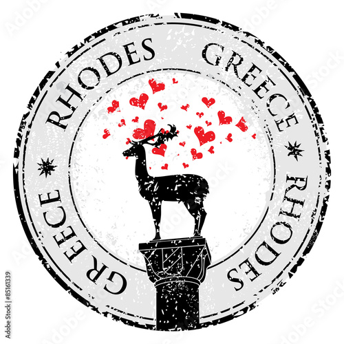 Grunge love stamp with Rhodes  deer and heart, Greece written inside