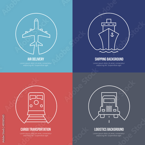 Logistics line icons. Airmail cargo transportation, delivery and