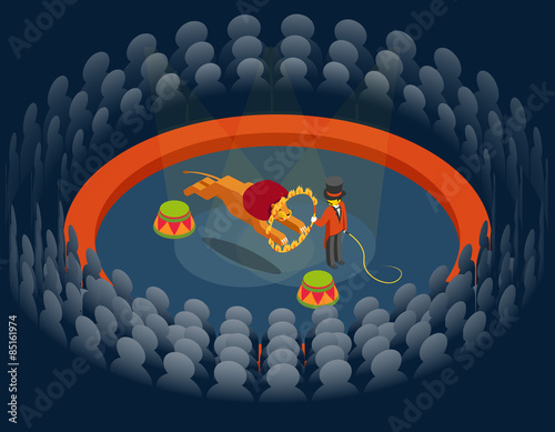 Lion jumping through ring. Circus show. Isometric 3d vector