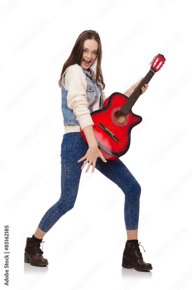 Young smiling girl with guitar isolated on white