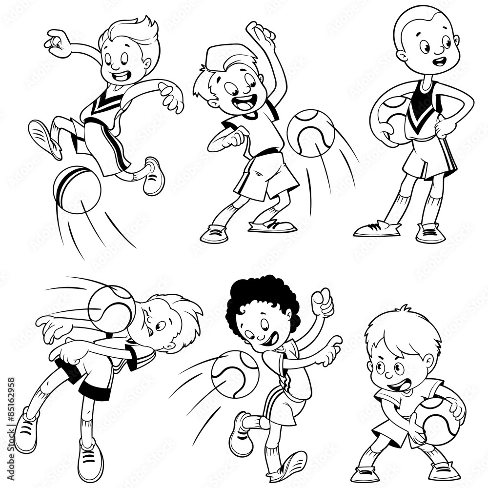 Cartoon boys playing dodgeball. Outline