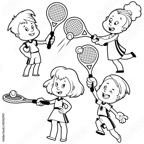 Cartoon kids playing tennis. Outline
