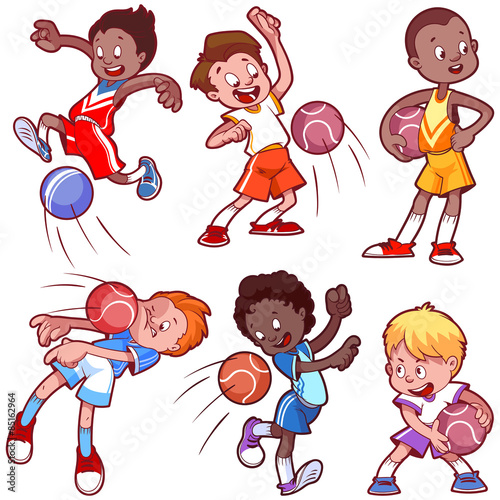 Cartoon boys playing dodgeball. 