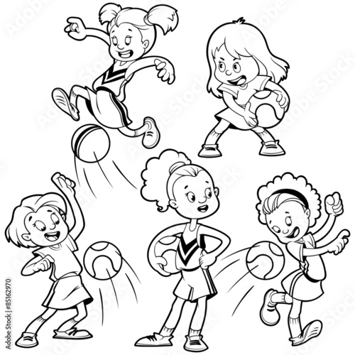 Cartoon girls playing dodgeball. Outline