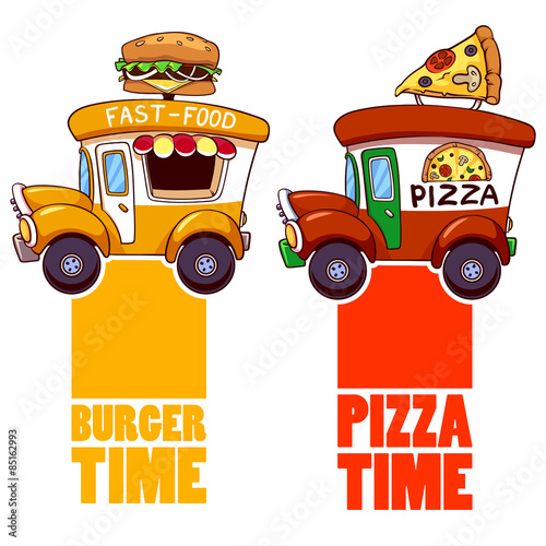 Cartoon fast-food car with a big hamburger and pizza
