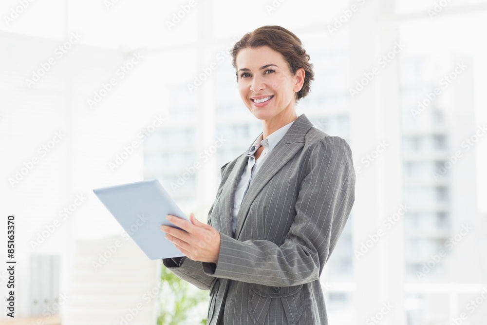 Smiling businesswoman looking at camera and using her tablet Smiling businesswoman looking at camera and using her tablet