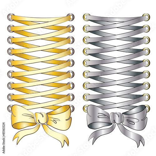 Corset lacing, gold and silver. Print on clothes.
