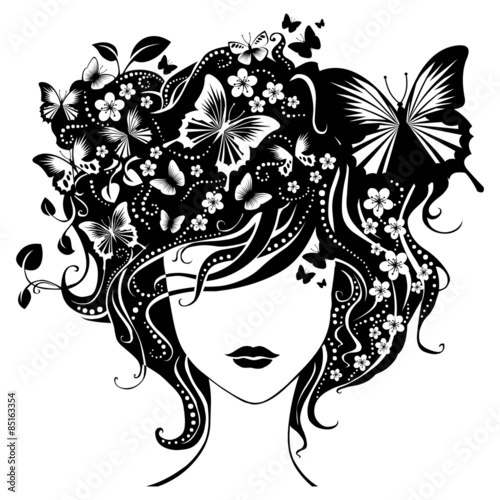 Abstract girl with butterflies in hair.