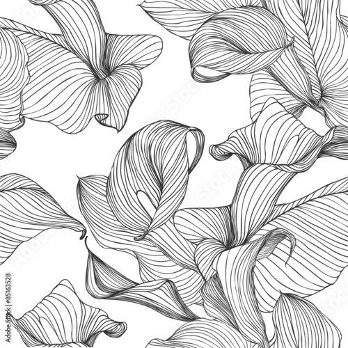 Seamless vector pattern - flowers calla. Black lines on white