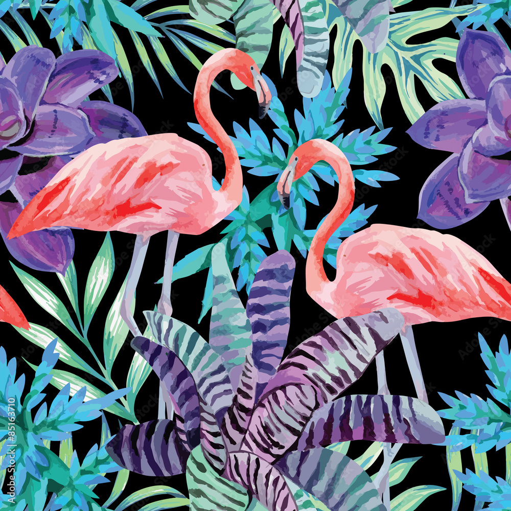 Naklejka premium wzór flamingo akwarela i egzotyczne rośliny