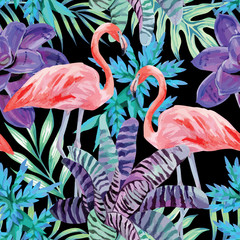 flamingo watercolor and exotic plants pattern