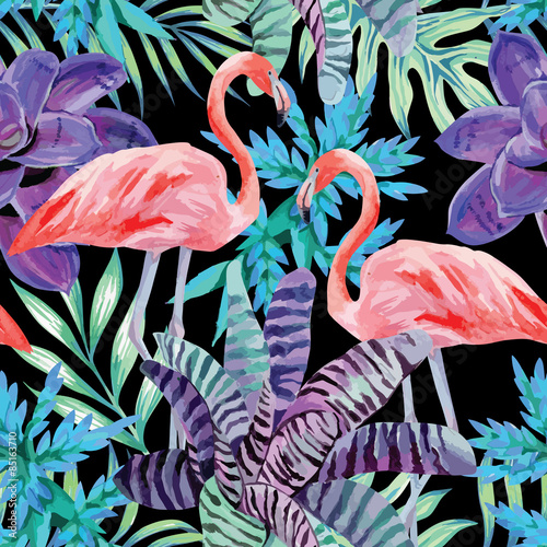 flamingo watercolor and exotic plants pattern