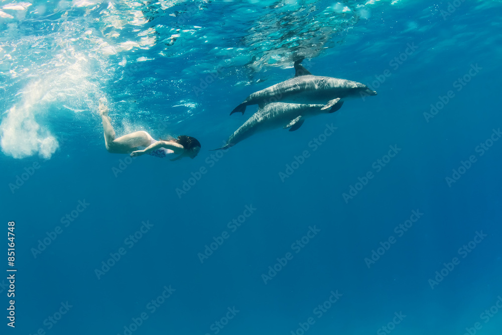Fototapeta premium a pair of dolphins playing with beautiful girl underwater