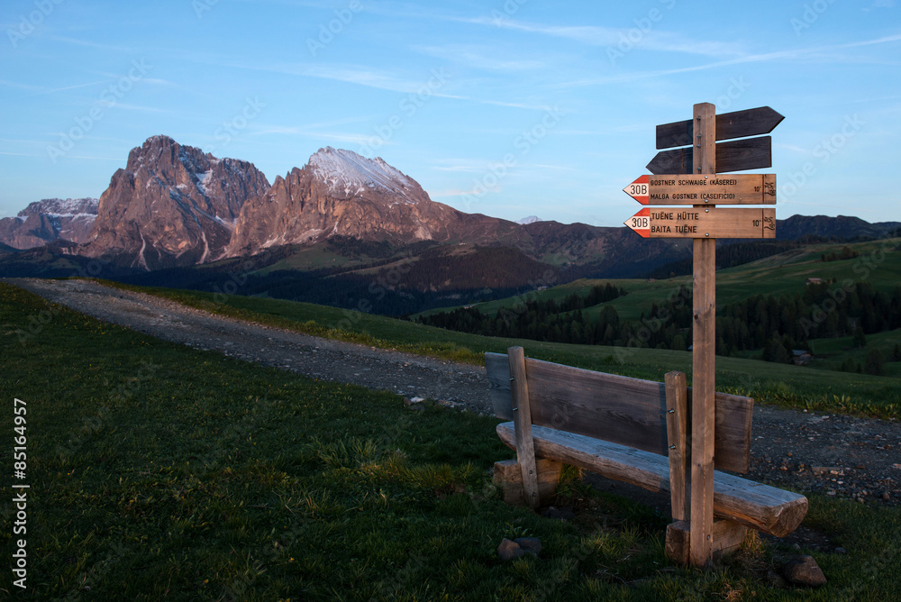 Wanderweg auf der Seiser Alm vor Plattkofel und Langkofelmassiv, Südtirol, Italien, 