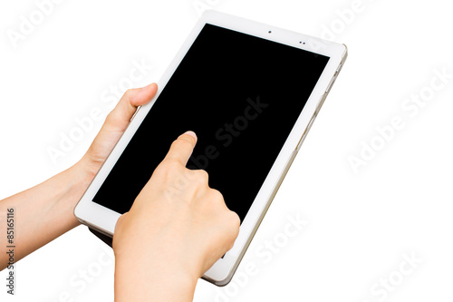 Female finger taping on white tablet isolated.