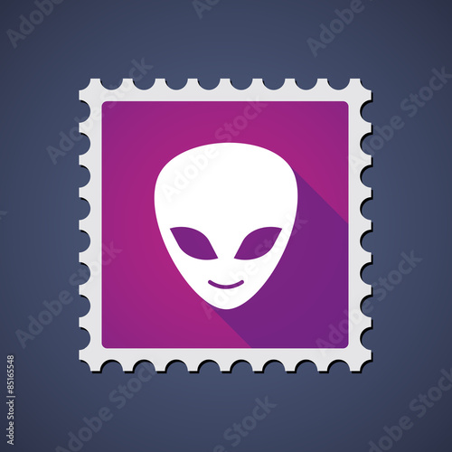 Purple mail stamp icon with an alien