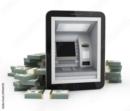 Online payments concept. Tablet PC with ATM and Credit Card on a
