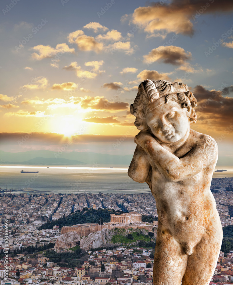 Acropolis with sculpture and Parthenon temple in Athens, Greece