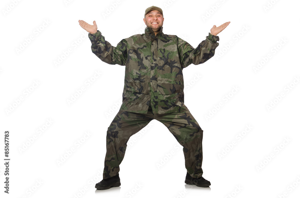 Fototapeta premium Young man in soldier uniform isolated on white