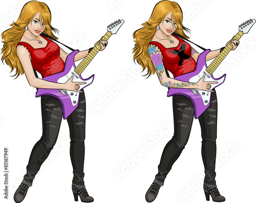 Rock star guitarist girl in comics style