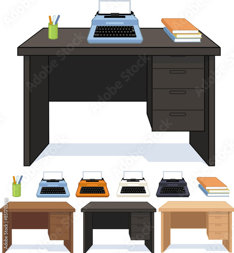 Wood desk with typewriter set of illustrations