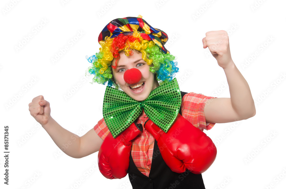 Female clown with box gloves isolated on white Female clown with box gloves isolated on white