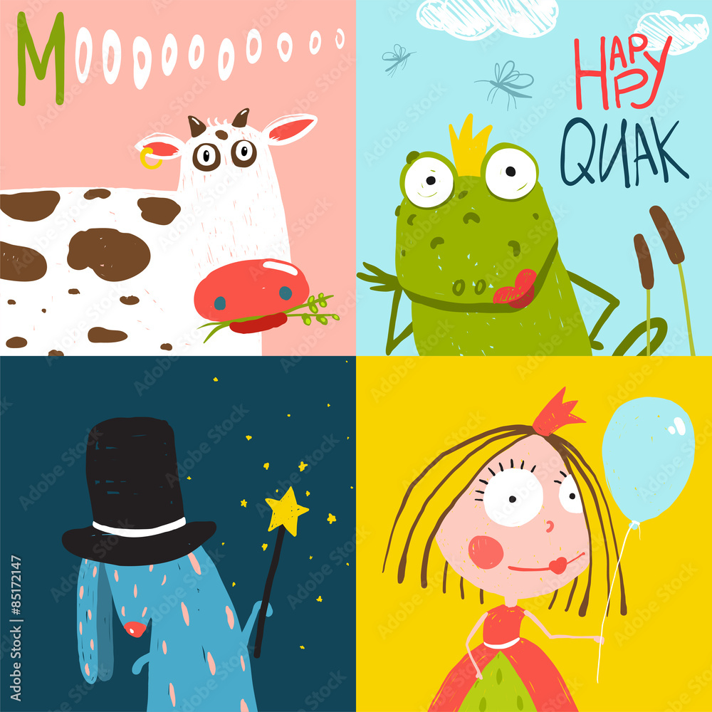 Colorful Fun Cartoon Hand Drawn Animals Greeting Cards for Kids