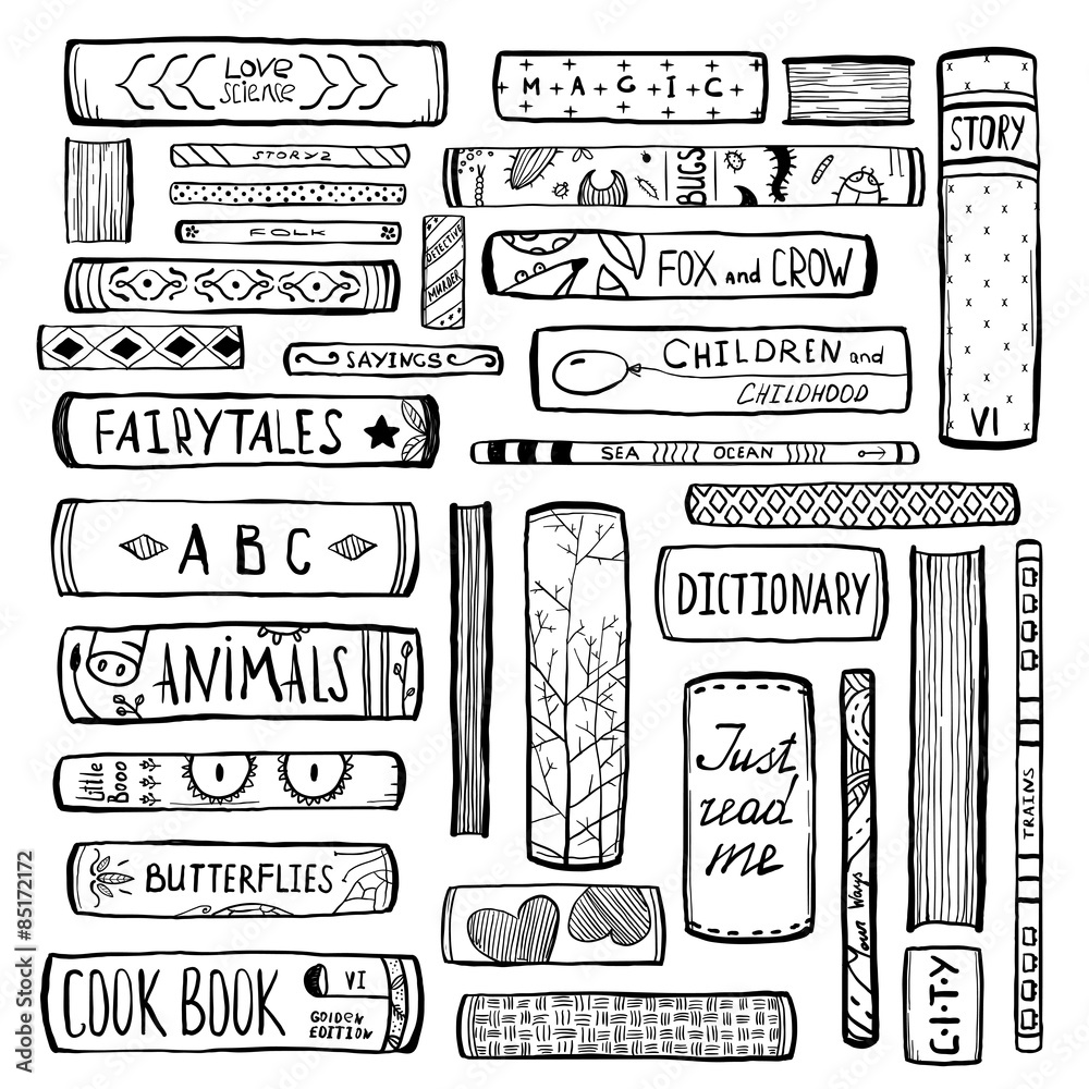 Naklejka premium Books Collection Monochrome Inky Outline Illustration