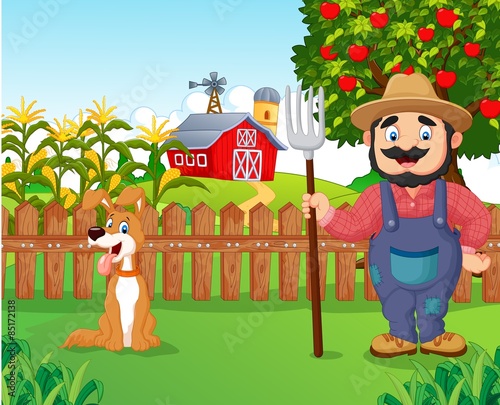 Cartoon farmer holding a rake with dog 