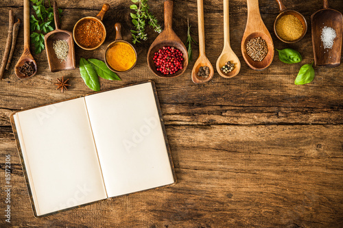 Blank cookbook and spices photo