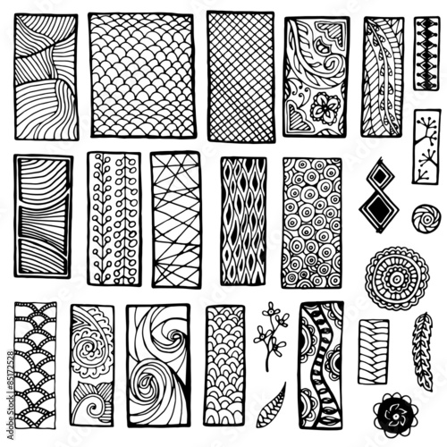 Collection of  geometric floral doodle pattern. Geometric tribal zentangle backgrounds. Template frame design for card with set of doodle rectangles.