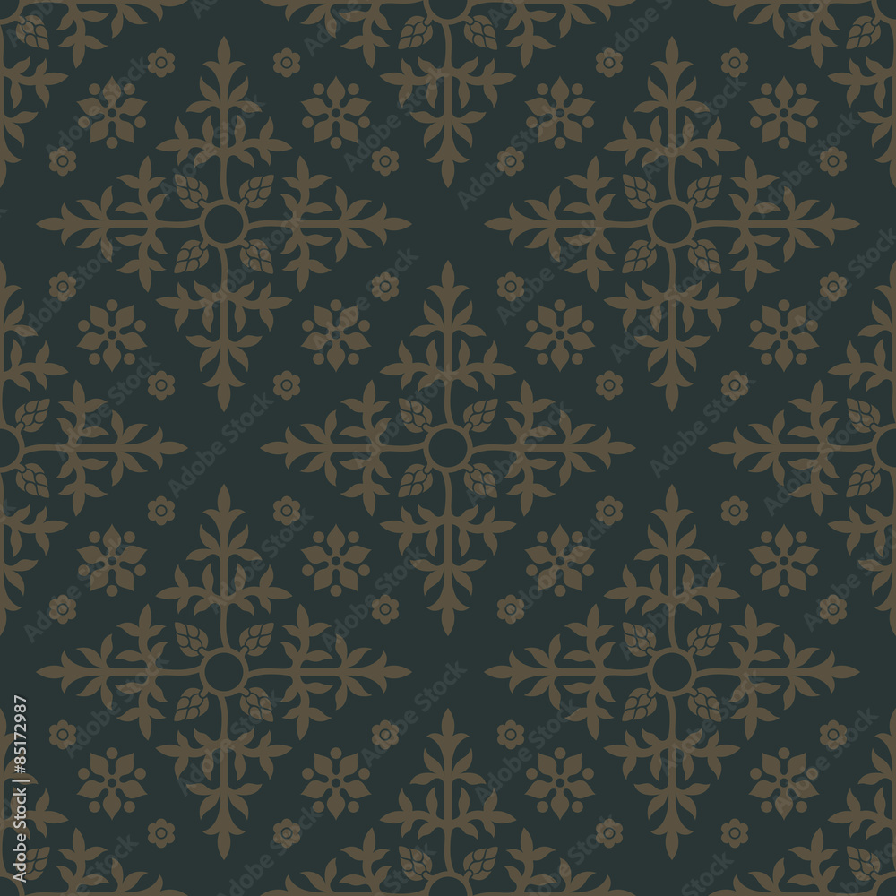 Gold seamless pattern on dark green background with floral elements. Design for wallpaper and fabric. Editable vector file.
