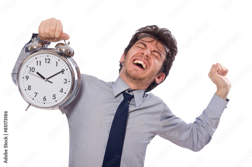 Young businessman with clock isolated on white Young businessman with clock isolated on white