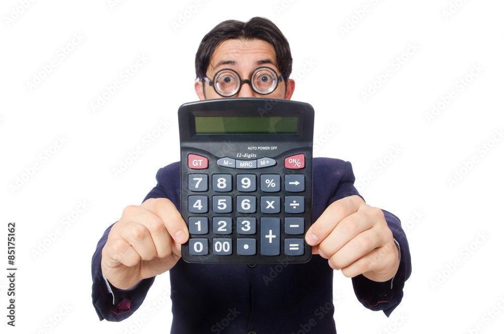Funny man with calculator isolated on white Funny man with calculator isolated on white