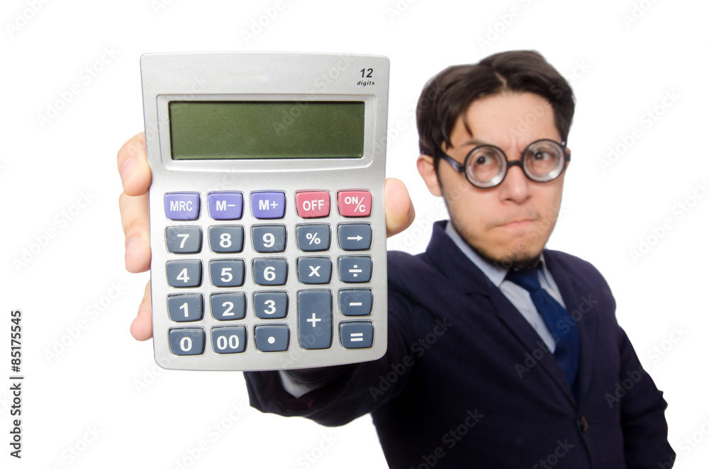 Funny man with calculator isolated on white Funny man with calculator isolated on white