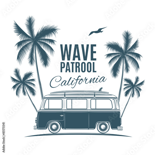 Vintage, retro surf van with palms and a gull.