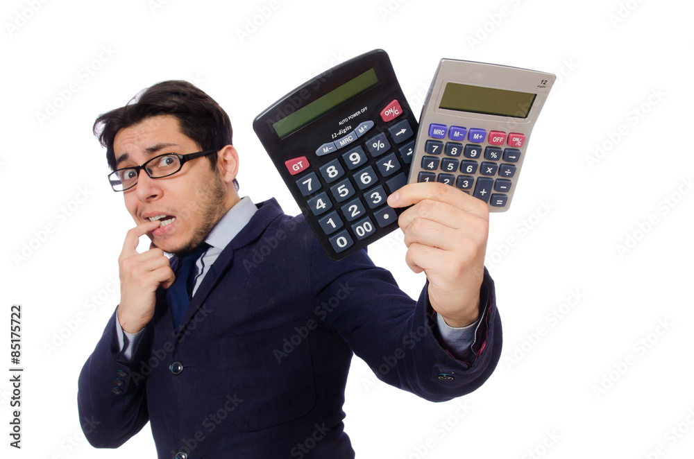 Funny man with calculator isolated on white