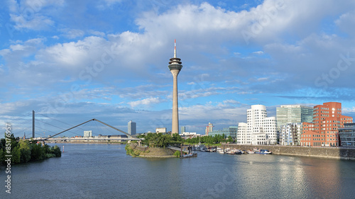 Media Harbor in Dusseldorf with Rheinturm TV tower, Germany
