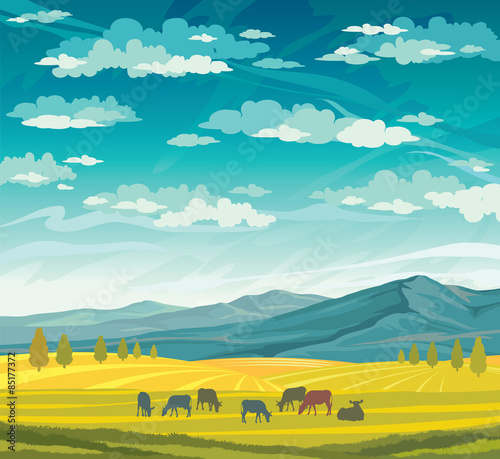 Herd of cows and meadow. Rural summer landscape.