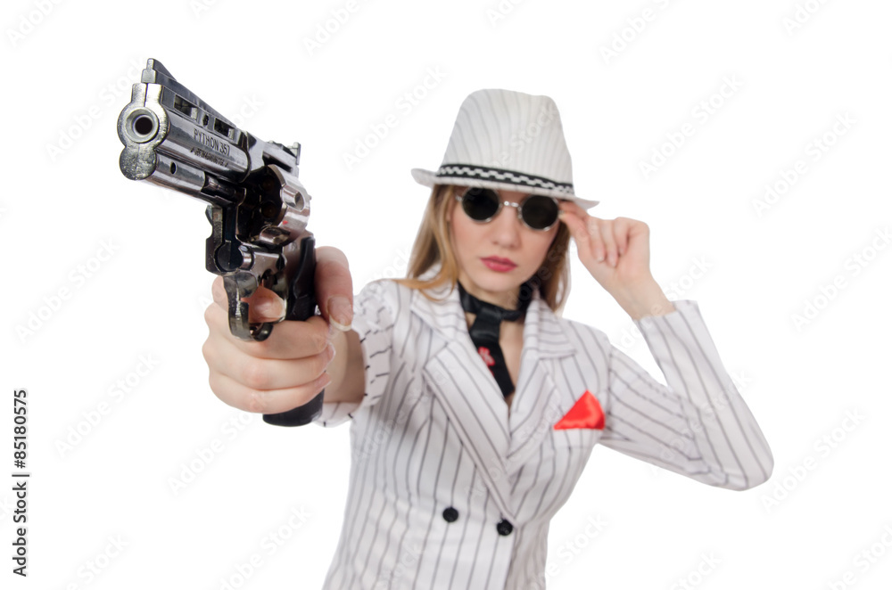 Beautiful girl holding hand gun isolated on white Beautiful girl holding hand gun isolated on white