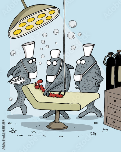 Funny cartoon of fishes as medical team operating a worm underwater