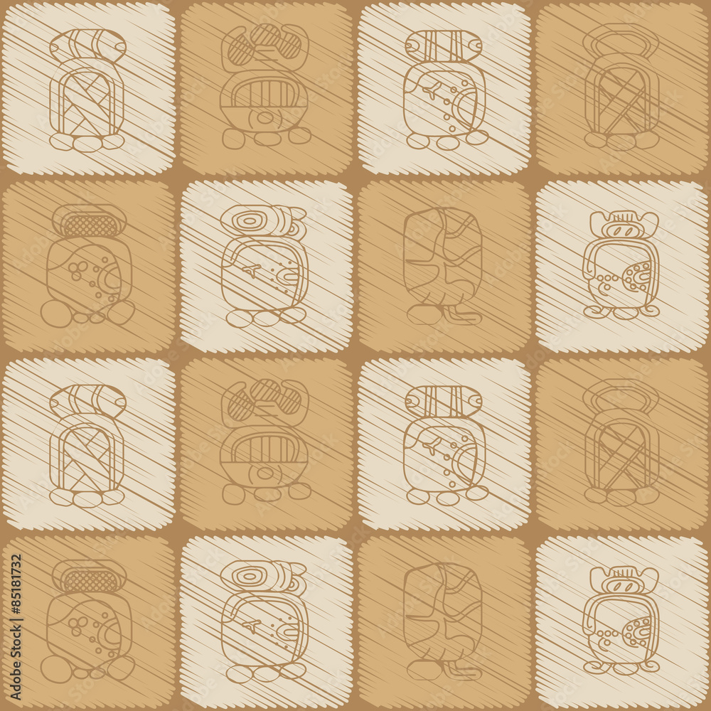Seamless background with Maya calendar named months and associated glyphs