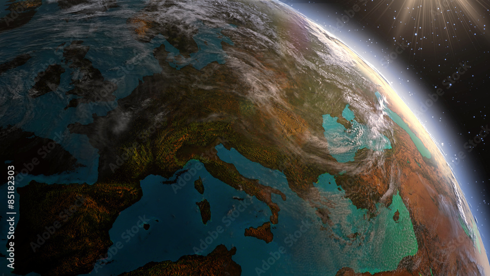 Fototapeta premium Planet earth Europe zone with night time and sunrise